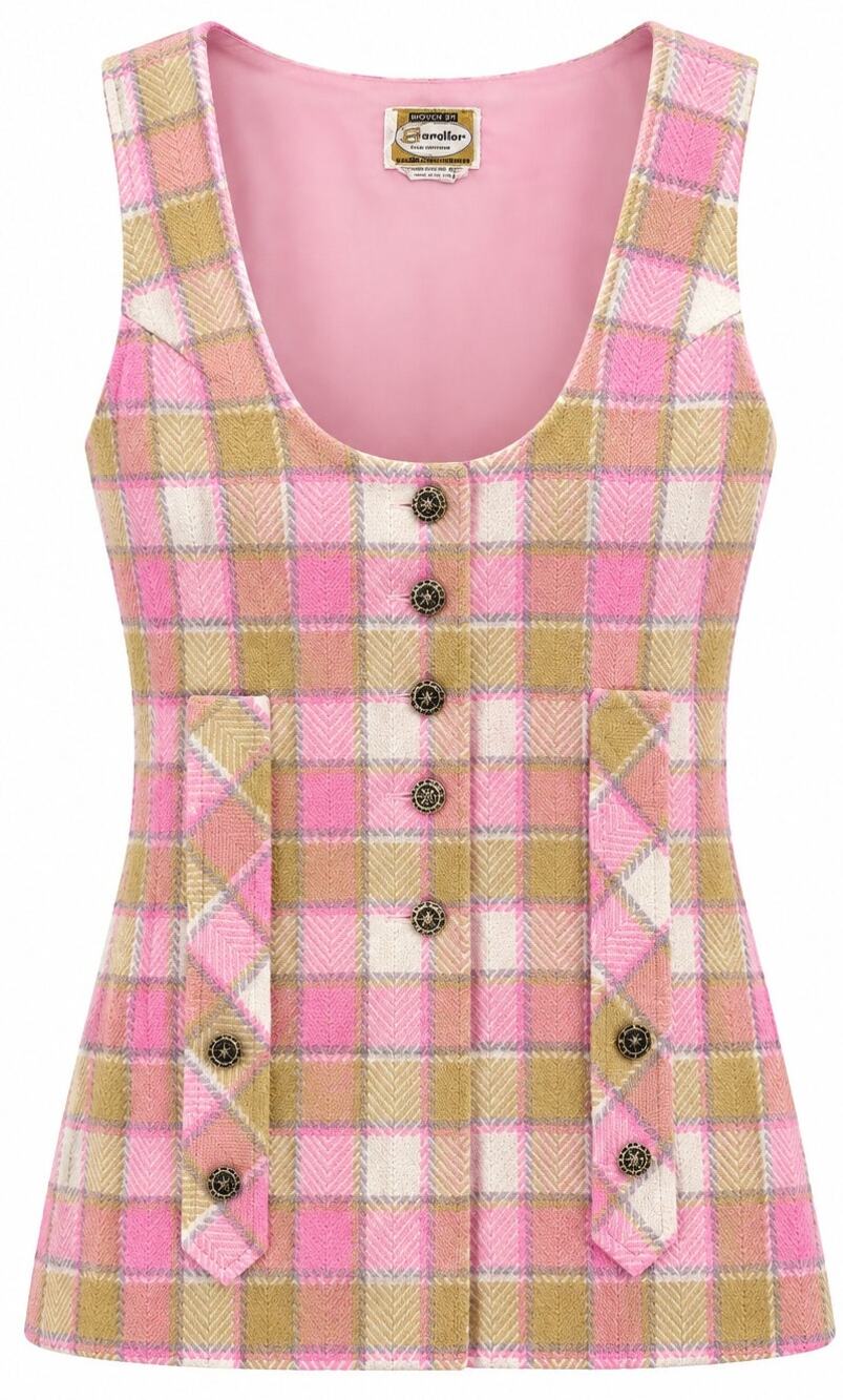Vintage Woolco Plaid Waistcoat Vest Pink Mustard Size Small Sleeveless 70s